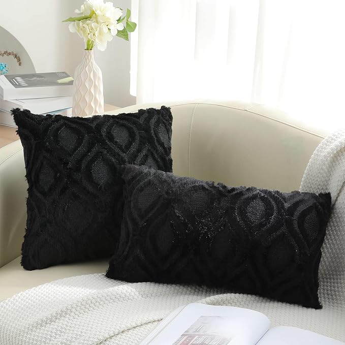 decorUhome Throw Pillow Covers 20x20 Inch Set of 2, Soft Plush Faux Wool Black Solid Couch Pillow Covers, Accent Farmhouse Neutral Square Pillow Cases for Sofa Bed Living Room