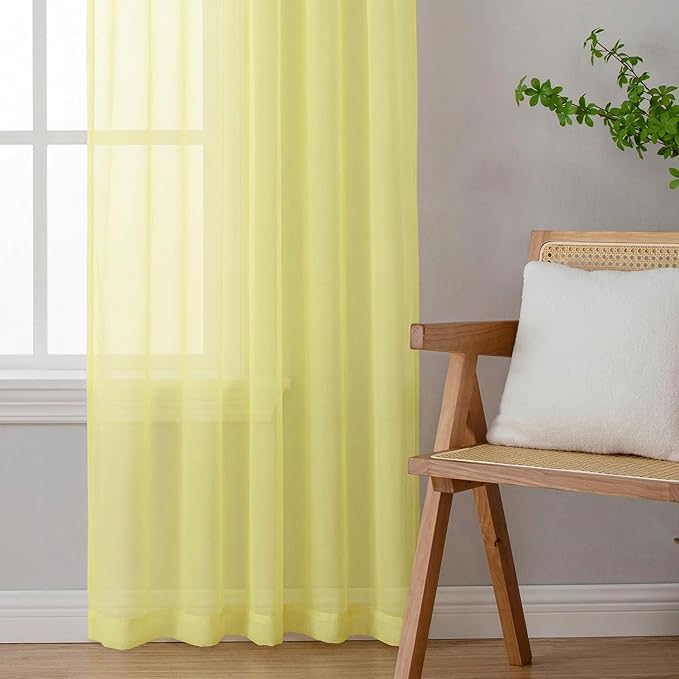 OWENIE Sheer Curtains 90 inches Long 2 Panels Set for Living Room/Bedroom, Rod Pocket Voile Sheer Panel Drapes, Airy Soft Fabric Window Treatments, 2pcs, Each 42" W x 90" L, Light Yellow