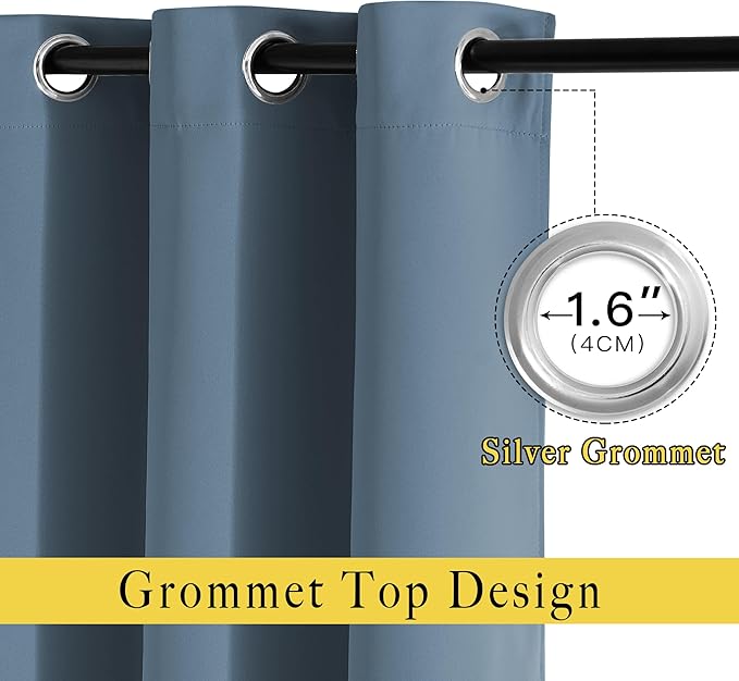NICETOWN Blackout Smoky Blue Curtains for Sliding Glass Door, Grommet Window Treatment Thermal Curtains Room Dividers for Living Room/Bedroom, 2 Panels, W66 x L102