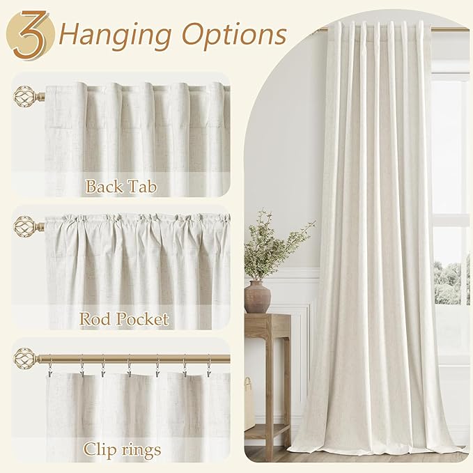 Guken Cream 100% Blackout Cream Linen Curtains 52 Inch Wide by 128 Inch 2 Panels Set for Living Room Bedroom Back Tab Thermal Insulated Black Out Drapes Room Darkening Window Curtains