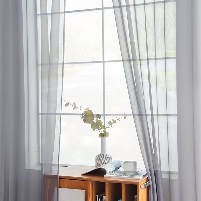 youleyar Solid Sheer Rod Pocket Curtain Voile Draperies 2 Panels White Beige Black Grey Coffee 38 Inch Width 84 Inch Long 1 Pair for Kitchen Bedroom Children Living Room Yard(Grey,38Wｘ84L)
