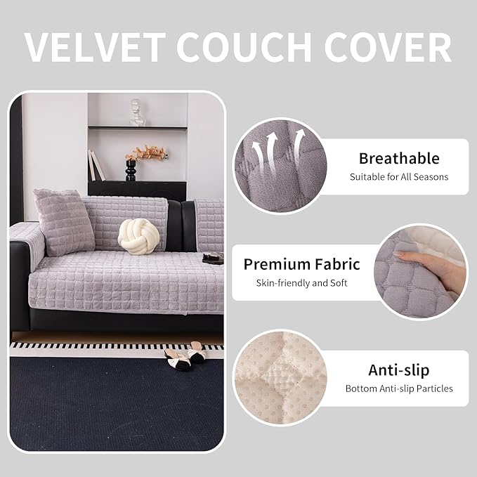 Velvet Couch Cover, Washable Sectional Sofa Cover, Anti Slip Sofa Slipcovers for 3 Cushion Couch Sofa L Shaped Recliner, Furniture Protector Covers for Pets Kids(Light Grey, Only 1 PCS)