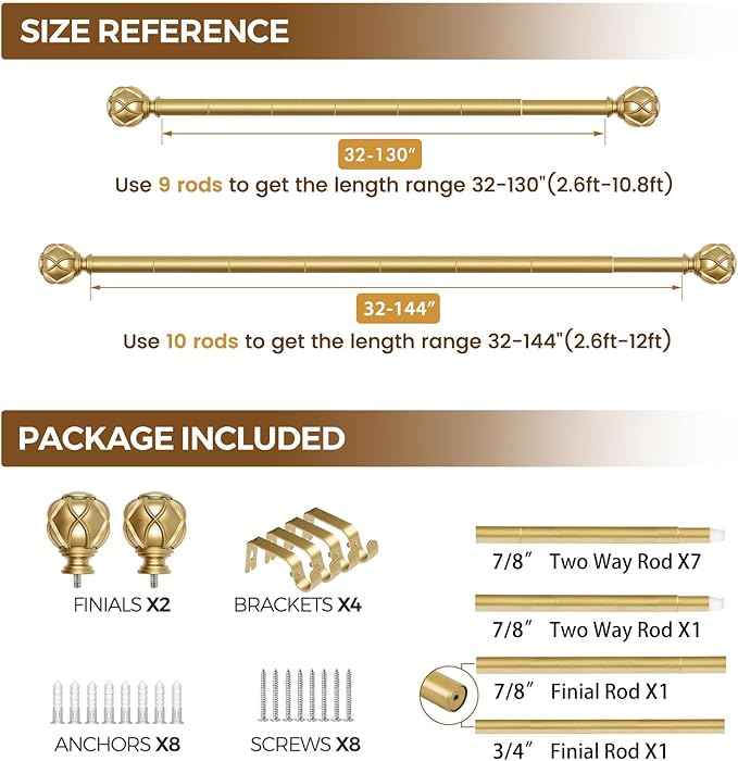 KAMANINA Gold Curtain Rod 72 to 144 Inch (6-12 Feet), Telescoping Single Drapery Rods, 7/8 Inch Heavy Duty Curtain Rods for Windows 66 to 144 Inches, Netted Texture Finials