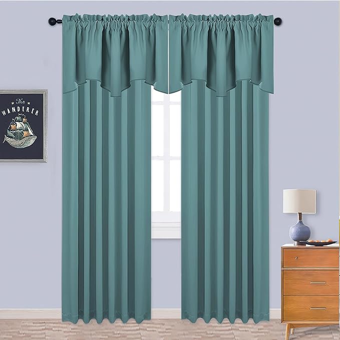 NICETOWN Room Darkening Valance for Windows - 42 inches by 18 inches Long Scalloped Rod Pocket Valance Curtain Panel for Small/Bay/Kitchen/Bathroom Window, Greyish Blue, 2 Panels