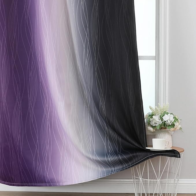 Estelar Textiler Black and Purple Ombre Blackout Curtains 54 Inch Length 2 Panels, Full Room Darkening Gradient Drapes for Kitchen, Thermal Insulated Grommet Short Curtains for Bedroom,52Wx54L