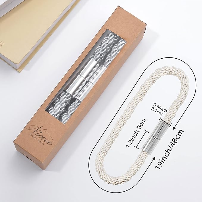 NICEEC 4 Pack Strong Magnetic Curtain Tiebacks Modern Simple Style Drape Tie Backs Convenient Decorative Weave Rope Curtain Holdbacks for Thin or Thick Home & Office Window Draperies (Cream)