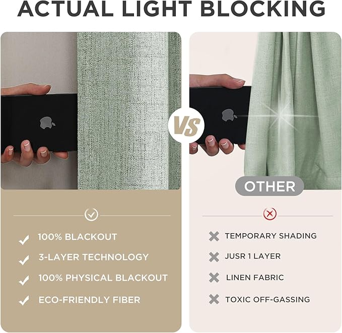 Joydeco Linen Blackout Curtains for Bedroom - 100% Light Blocking 1 Panels, Sage Green Drapes 70" W x 108" L, Thermal Insulated Room Darkening Curtains for Living Room, Rod Pocket & Back Tabs