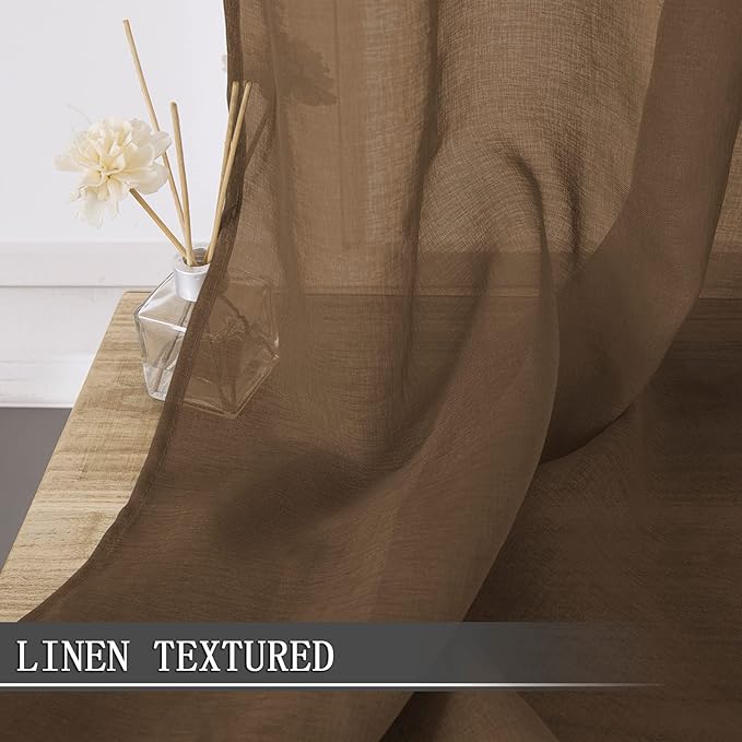 Tollpiz Short Sheer Curtain Living Room Linen Textured Curtains Sheer Light Filtering Voile Rod Pocket Curtain for Bedroom, 38 x 54 inches Long, Brown, Set of 2 Panels