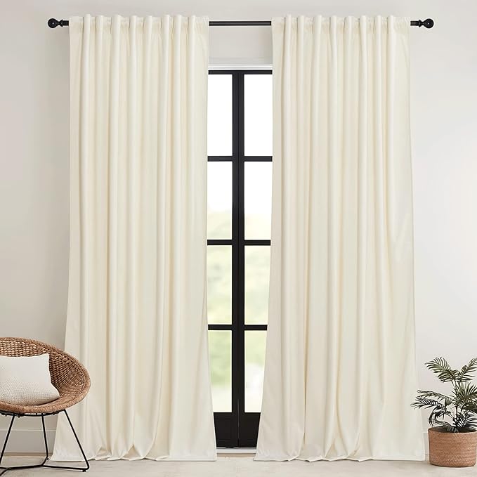 RYB HOME Cream Velvet Curtains 96 inch, Light Dimming White Window Curtains for Living Room Thermal Insulated Privacy Backdrop with Pleat Tape on Top for Bedroom, Ivory, W52 x L96 inch, 2 Panels