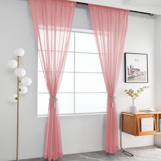 youleyar Solid Sheer Rod Pocket Curtain Voile Draperies 2 Panels White Beige Black Grey Coffee 52 Inch Width 108 Inch Long 1 Pair for Kitchen Bedroom Children Living Room Yard (Blush,52Wｘ108L)