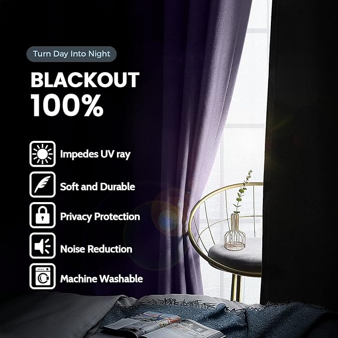 SimpleHome 100% Blackout Curtains for Bedroom,Thermal Insulated Grommet Window Drapes Room Darkening Lilac Curtains for Living Room with Black Back,52 x 96 Inch,2 Panels