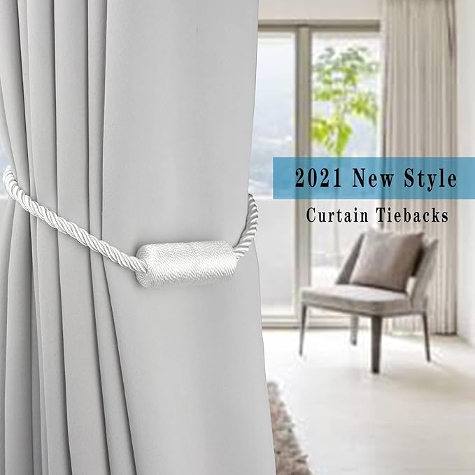 2 Pack White Strong Magnetic Curtain Tiebacks Outdoor Elegant Decorative Tie Backs Modern Rope Tiebacks for Drapes Window Curtain Holdbacks for Draperies