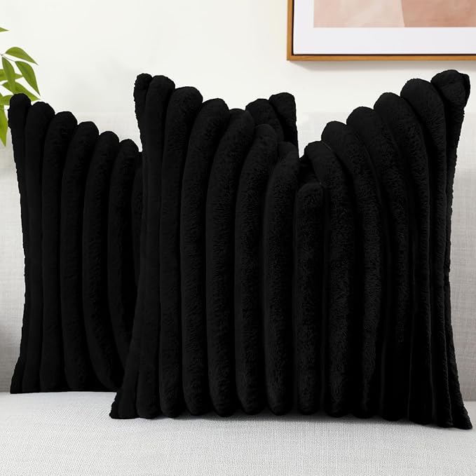 decorUhome Cozy Faux Fur Throw Pillow Covers 22x22 Set of 2 Decorative Soft Plush Striped Modern Farmhouse Boho Couch Euro Sham Pillow Cases with Velvet Back for Sofa Bed Living Room, Black