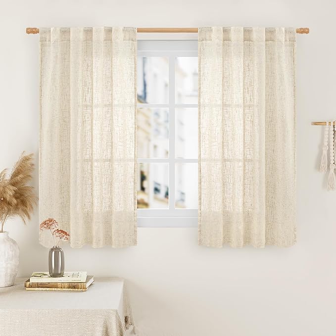LAMIT Short Window Linen Curtains 48 Inch Length 2 Panels, Beige Light Filtering Panels Back Tab and Rod Pocket Neutral Drapes for Bathroom/Loft Room, 34 x 48 Inch