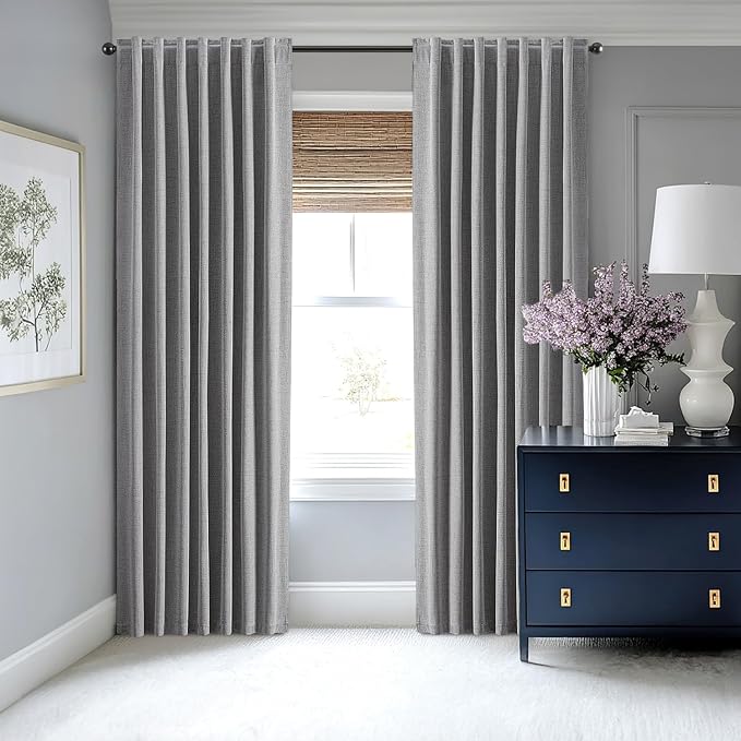 MIULEE 100% Blackout Linen Curtains for Bedroom, Glacier Gray Solid Luxury Decor Thermal Insulation Room Darkening Drapes for Living Room Nursery Back Tab Rod Pocket 42 x 96 Inches, 2 Panels