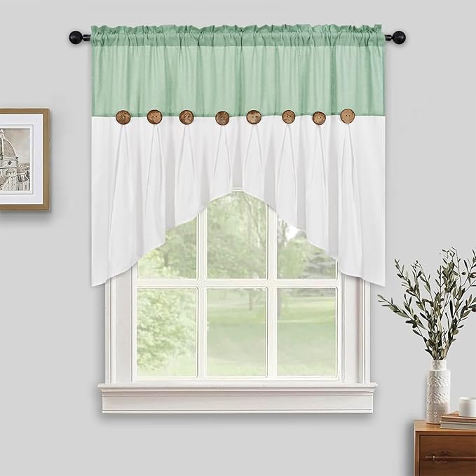 FRAMICS Farmhouse Swag Curtain, Boho Cotton Linen Valance Curtain, Sage Green Rustic Button Window Valance for Kitchen Bathroom Bedroom, Country Rod Pocket Valances for Windows, 52 x 36 Inch