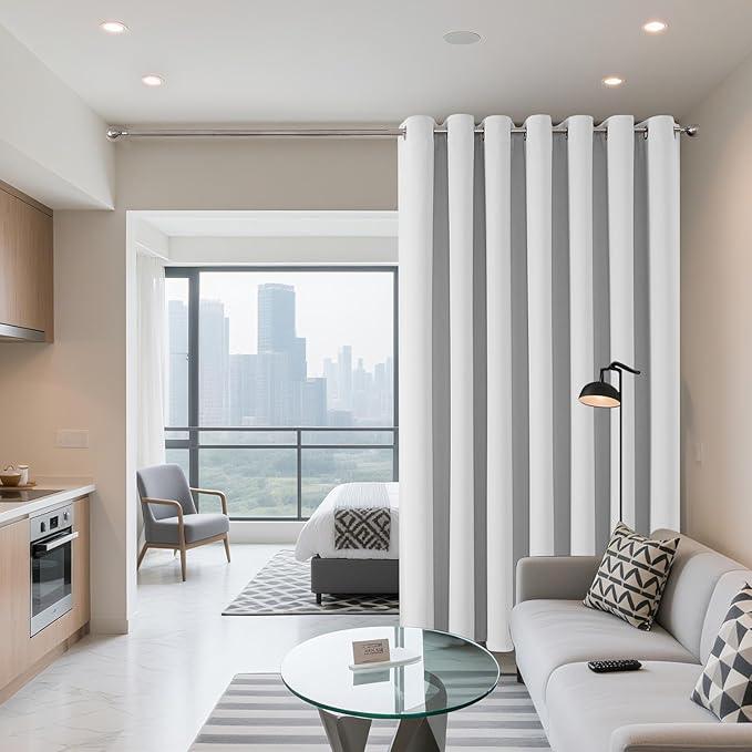 Joydeco Blackout Patio Sliding Door Curtains 108 Inches Long, Grommet Privacy Room Divider Curtains, Extra Wide Thermal Blackout Drapes for Bedroom Living Room (Greyish White, 60Wx108L, 1 Panel)