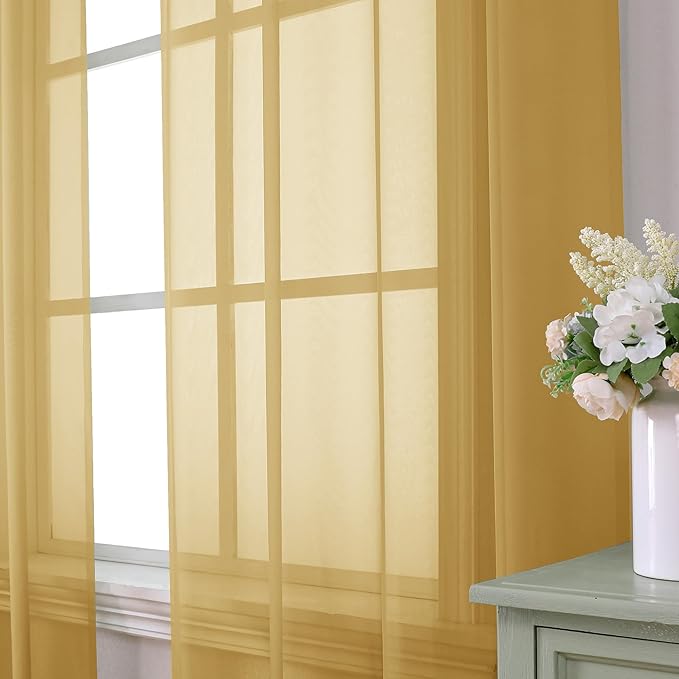 Aiyufeng Gold Sheer Curtain 96 Inches Long 2 Panels Set, Light Filtering Gold Window Curtain Drapes Treatment for Kitchen, Bedroom,Children Room, Dual Rod Pocket, 2 Pack of 42 x 96"