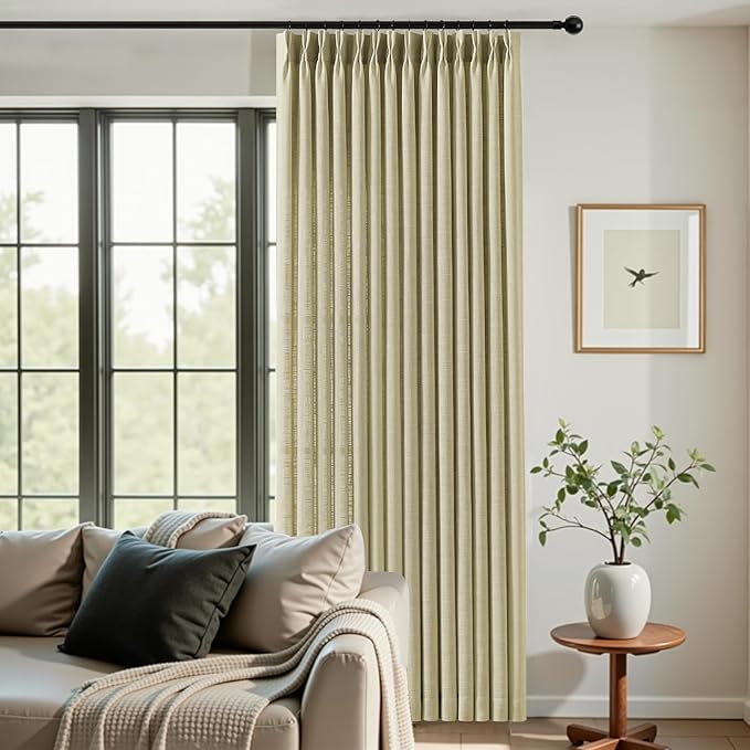 IVAPUPU 96 Inch Linen Curtains 2 Panel Set for Living Room, Pinch Pleated Semi Sheer Curtain Rustic Textured Light Filtering Memory Trained Drapes with Hook for Bedroom Office, Grey Beige, W40xL96