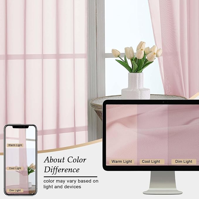 Blush Sheer Curtains 90 Inches Long 2 Panels Set for Bedroom Living Room, Soft Airy Light Filtering Modern Solid Rod Pocket Drapes Window Treatments, Blush, Each 59" W x 90" L