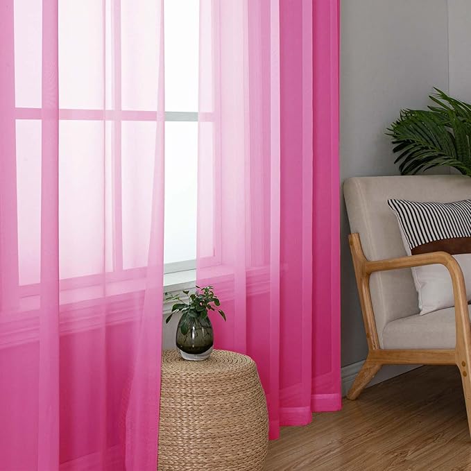 Lecloud Hot Pink Sheer Curtains 54 Inch Length 2 Pcs, Solid Color Voile Modern Farmhouse Decor Bedroom Curtains for Living Room, Rod Pockets Airy Window Treatment Drapes, Each Panel 42" W x 54" L
