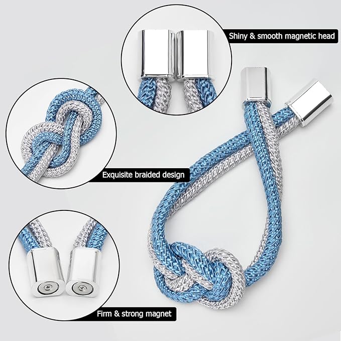 NICEEC 2 Pack Mini Magnetic Curtain Tiebacks Nordic Simple Style Drape Tie Backs Elegant Hand Weave Rope Knot Decorative Curtain Holdbacks for Home & Office Thin Window Drapery (Blue & Grey)