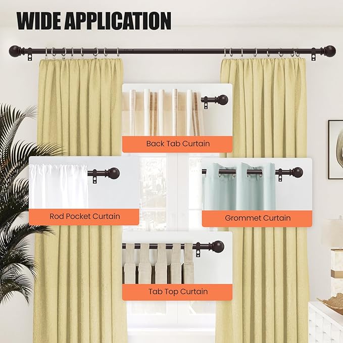 Curtain Rods for Windows 28 to 48 Inch, 5/8 Inch Heavy Duty Decorative Curtain Rod with Ball End Caps, Adjustable Brackets. Easy to install. Brown.