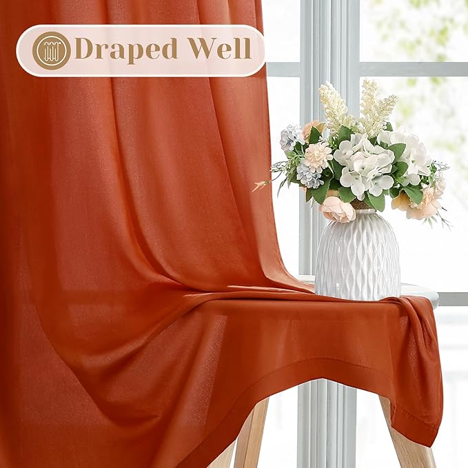 HOMEIDEAS Non-See-Through Fall Burnt Orange Privacy Sheer Curtains, 52 X 72 Inches Long 2 Panels Sheer Curtains Light Filtering Window Drapes for Bedroom Living Room
