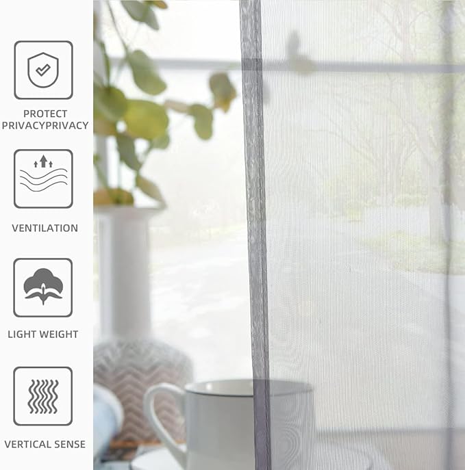 youleyar Solid Sheer Rod Pocket Curtain Voile Draperies 2 Panels White Beige Black Grey Coffee 60 Inch Width 72 Inch Long 1 Pair for Kitchen Bedroom Children Living Room Yard(Grey,60Wｘ72L)