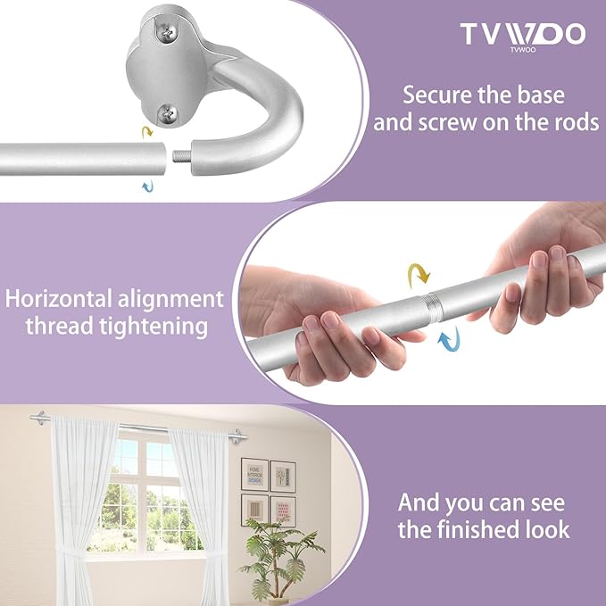 TVWOO Silver Wrap Around Curtain Rods:5/8 In Blackout Adjustable Window Curtain Rod for Bedroom Kitchen Apartment Renter Friendly,Room Darkening Curved Drapery Rods Easy Install,Antique Silver 36-72"