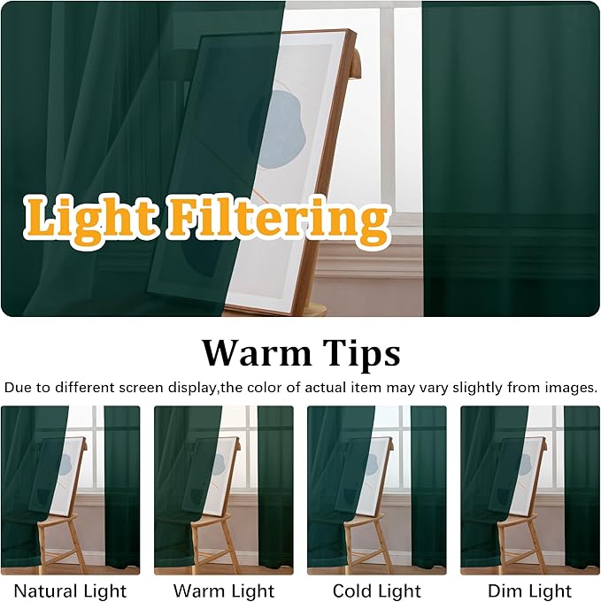 Gwine Hunter Green Sheer Curtains 84 Inches Long 2 Panels Set for Living Room, Rod Pocket Voile Bedroom Curtains, Light Filtering Solid Window Sheer Panels, Each 42" Wx84 L