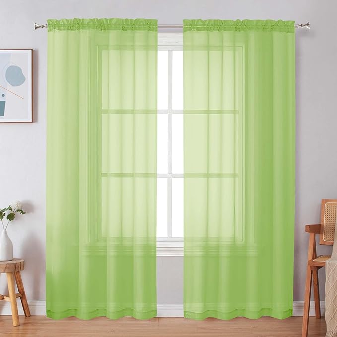 Simplebrand Rod Pocket Top Solid Voile Sheer Curtains for Bedroom, 54 Inch Length Drapes Set of 2, Lightweight and Light Filtering Elegant Lime Curtains Panels Window Treatment, 42W×54L, Lime