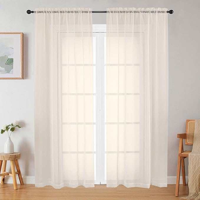 Cream Sheer Curtains 84 Inches Long 2 Panels Set for Bedroom Living Room, Soft Airy Light Filtering Modern Solid Rod Pocket Drapes Window Treatments, Cream, Each 42" W x 84" L