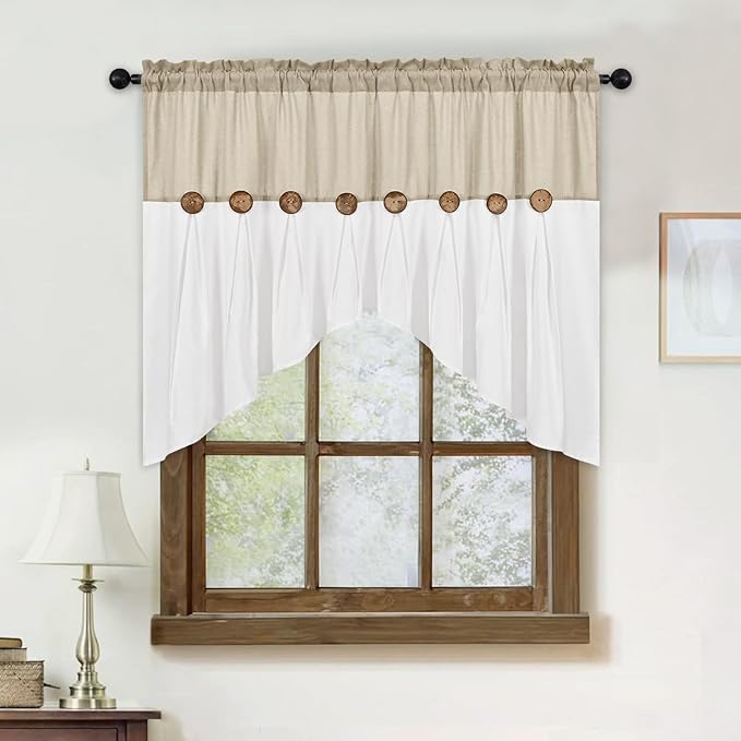 FRAMICS Farmhouse Swag Curtain, Boho Cotton Linen Valance Curtain, Rustic Button Window Valance for Kitchen, Country Rod Pocket Valances for Windows Bathroom Bedroom, Linen and White, 52 x 36 Inch
