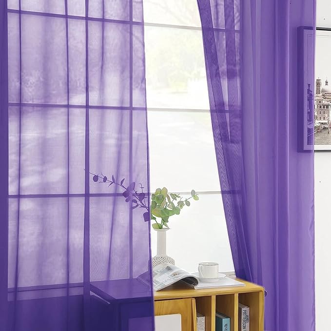 SpaceDresser Sheer Voile Window Treatment Rod Pocket Curtain Panels for Kitchen Bedroom Living Room Drapes Sunlight Filtering Privacy Semi Home Decor Assorted (Purple, 52 W x 63 L)