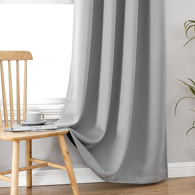 ChrisDowa 100% Blackout Curtains 84 inch Long for Bedroom with Black Liner, Extra Wide 2 Thick Layers Total Blackout Thermal Insulated Grommet Window Curtains 2 Panels Set (Light Grey, 60 x 84 Inch)