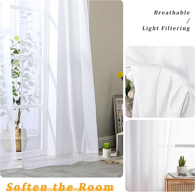 Gwine White Sheer Curtain Tiers 24 Inch Length, Light Filtering Voile Short Curtain for Living Room Bedroom, Rod Pocket Cafe Curtains for Small Windows 42x24 Inch, 2PCS
