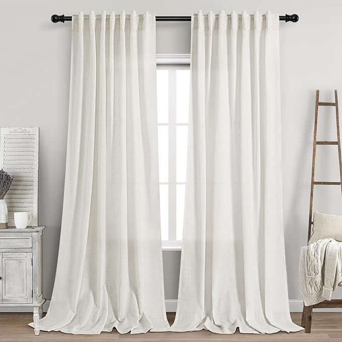 Nanspring Extra Long Beige White Curtains 105 Inch Long 2 Panels for Living Room Extra Long Back Tab Neutral Farmhouse Light Transmitting Semi Transparent Linen Curtains for Large Windows