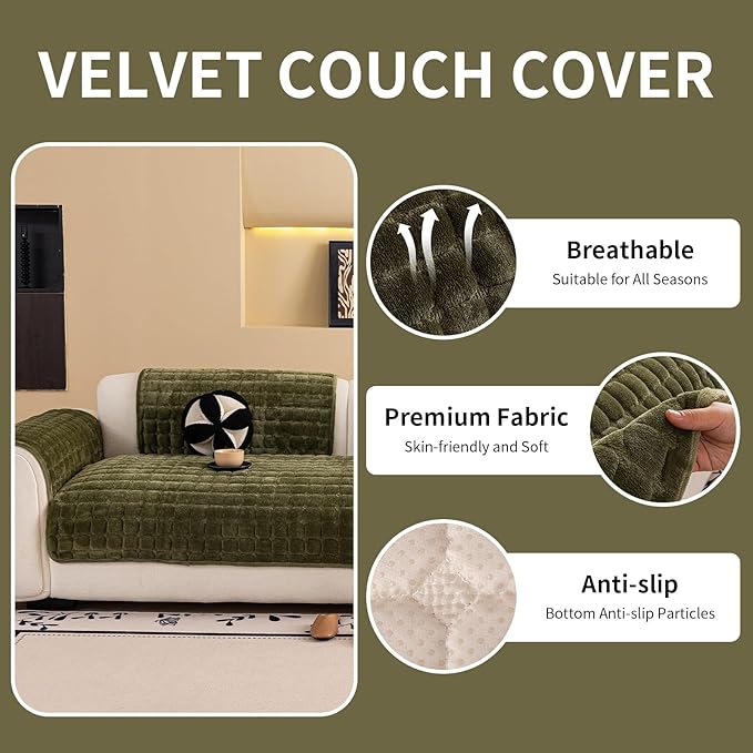 Velvet Couch Cover, Washable Sectional Sofa Cover, Anti Slip Sofa Slipcover for 3 Cushion Couch Sofa L Shaped Armrest Backrest, Furniture Protector Covers for Pets Kids(1PC,Green,36"×83")