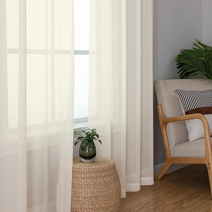 Simplebrand Cream Sheer Curtains 96 Inches Long 2 Panels, Light Filtering Rod Pocket Solid Color Window Sheer Curtain Panels, Elegant Curtains & Drapes for Living Room, Bedroom, 42" W x 96" L