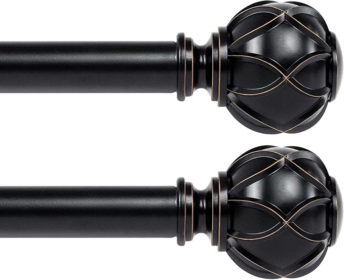 KAMANINA 2 Pack Curtain Rods for Windows 48 to 84 Inch, Black Heavy Duty Curtain Rod Adjustable, 7/8 Inch Single Decorative Drapery Rods 32 to 86 Inch(2.6-7.1Ft), Netted Texture Finials