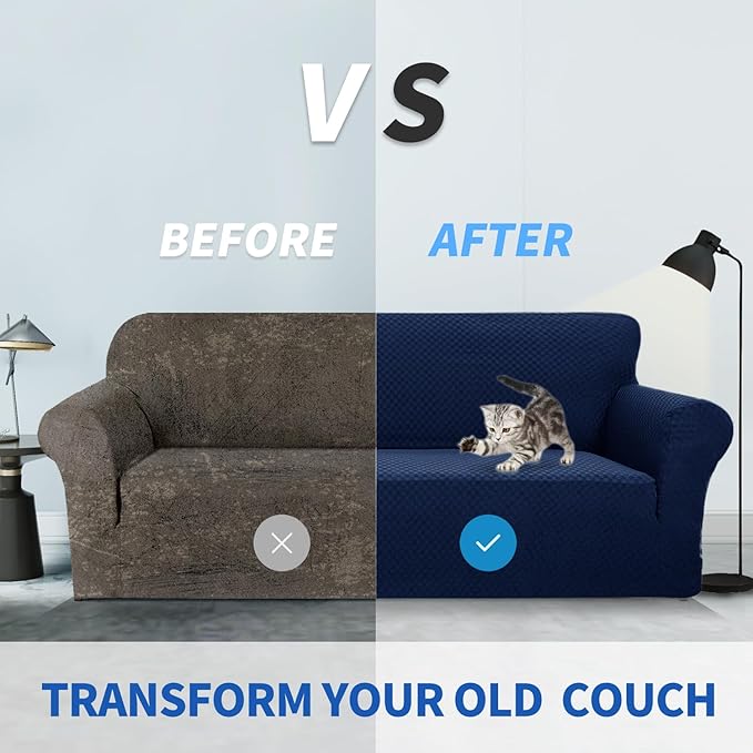 ZNSAYOTX 1 Piece Jacquard Couch Covers for 2 Cushion Couch High Stretch Loveseat Slipcover for Pets Dogs Anti Slip Love Seat Sofa Slipcover Furniture Protector (Loveseat, Navy Blue)