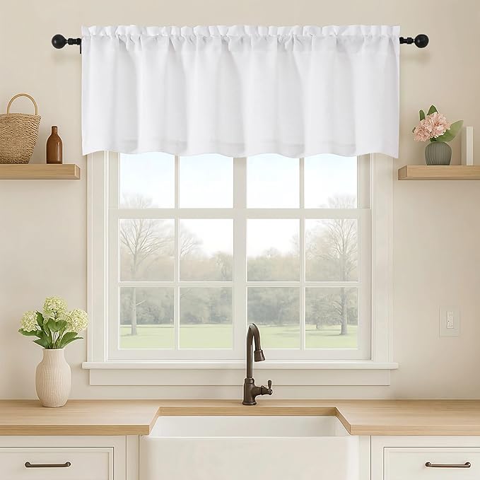 OVZME White Valance for Windows, Light Filtering Thick Textured Small Kitchen Valances for Window, Dual Rod Pocket Farmhouse Short Curtain for Bathroom Basement, 1 Piece, 60Wx16L Inch