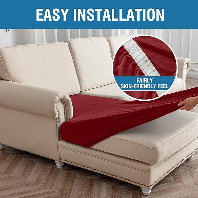 Couch Cover Velvet Chaise Cushion Cover for Sectional Sofas - Elastic L-Shaped Sofa Seat Covers Washable, Slipcover Protector (1-Piece, Christmas Red)