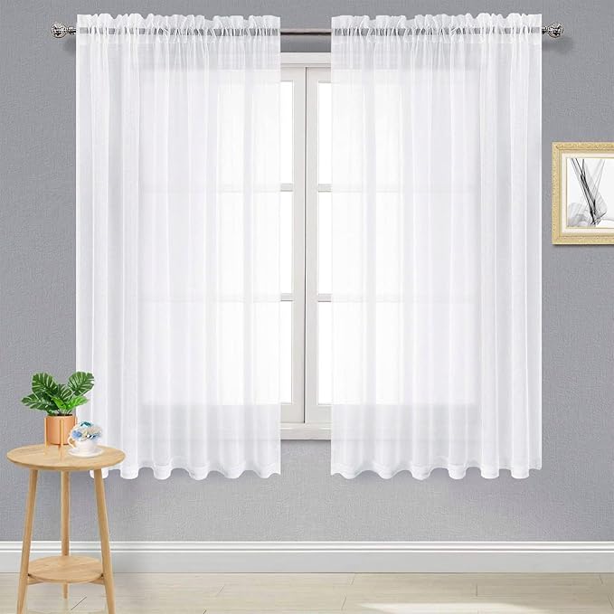 DWCN Sheer White Curtains 63 inch Length 2 Panels Set, Rod Pocket Solid Color Window Gauzy Treatments, Elegant Curtains & Drapes for Living Room/Bedroom/Kitchen, 2pcs, Each W70 x L63