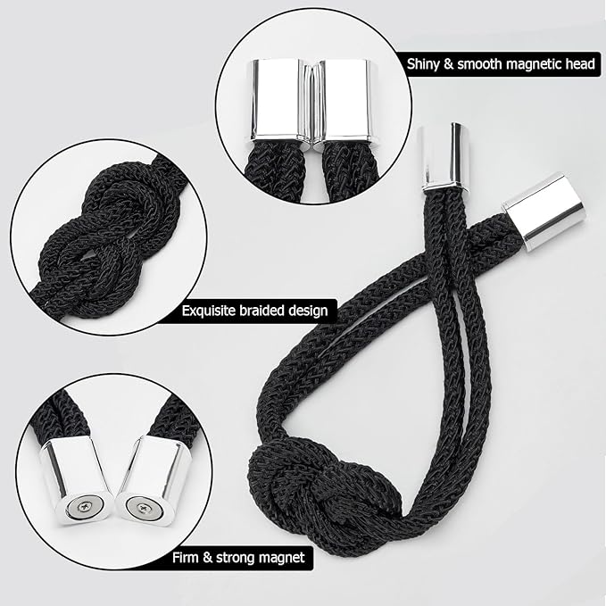 NICEEC 4 Pack Mini Magnetic Curtain Tiebacks Nordic Simple Style Drape Tie Backs Elegant Hand Weave Rope Knot Decorative Curtain Holdbacks for Home & Office Thin Window Drapery (Black)