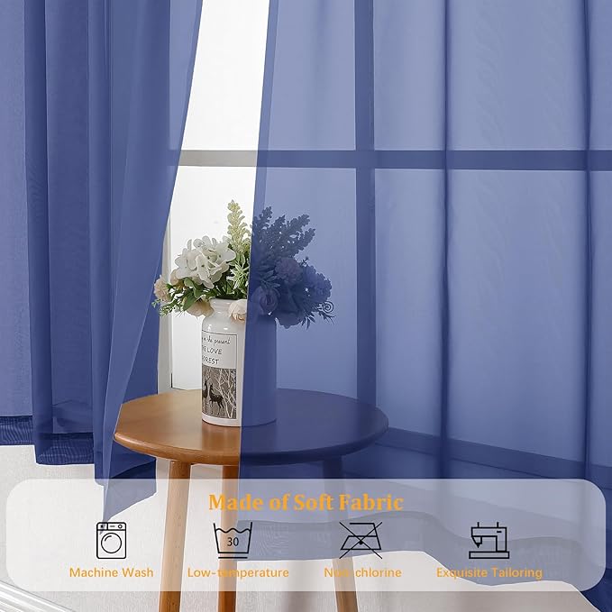 Gwine Royal Blue Sheer Curtains 96 Inches Long 2 Panels, Elegant Window Treatments Voile Curtains for Living Room, Light Filtering Rod Pocket Sheer Drapes, Each 42" Wx96