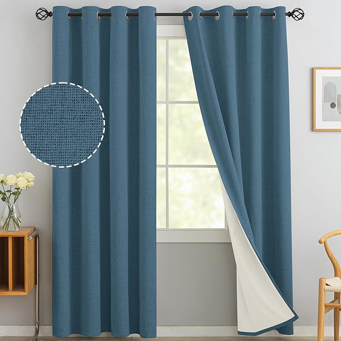 Yakamok Dusty Blue Linen Curtains 100% Blackout 84 Inches Long,Room Darkening Textured Curtains for Living Room Thermal Grommet Bedroom2 Panels with White Liner