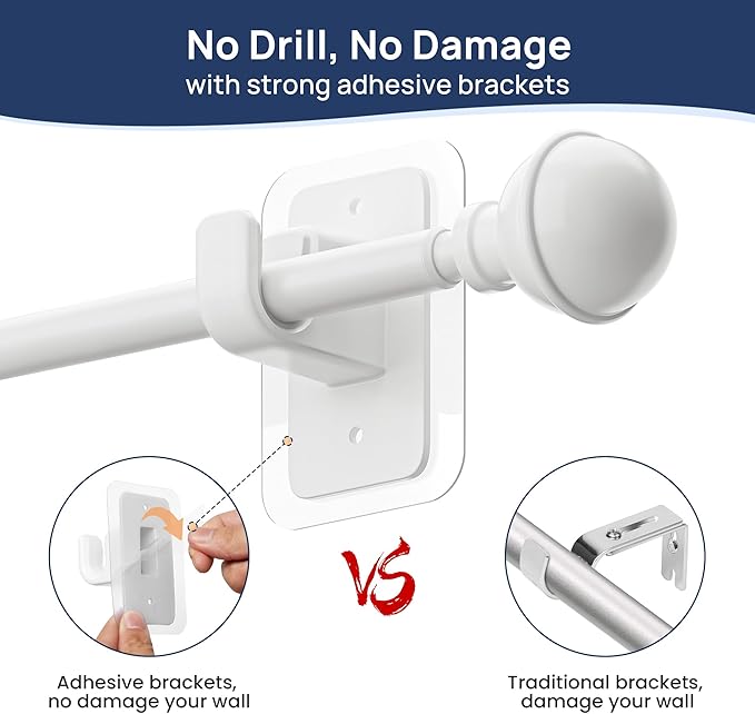 ENJOYBASICS No Drill Curtain Rods for Window 28 to 47 Inches, 5/8 Inch Diameter Renter Friendly Drapery Rod with Adhesive Brackets without Drilling, Adjustable from 27 to 52 Inches, White