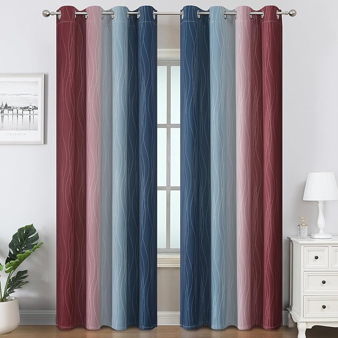Estelar Textiler Navy Blue and Burgundy Red Ombre Blackout Curtains for Bedroom 102 Inch Long, Thermal Insulated Grommet Complete Room Darkening Gradient Drapes for Living Room, 52Wx102L,2 Panels